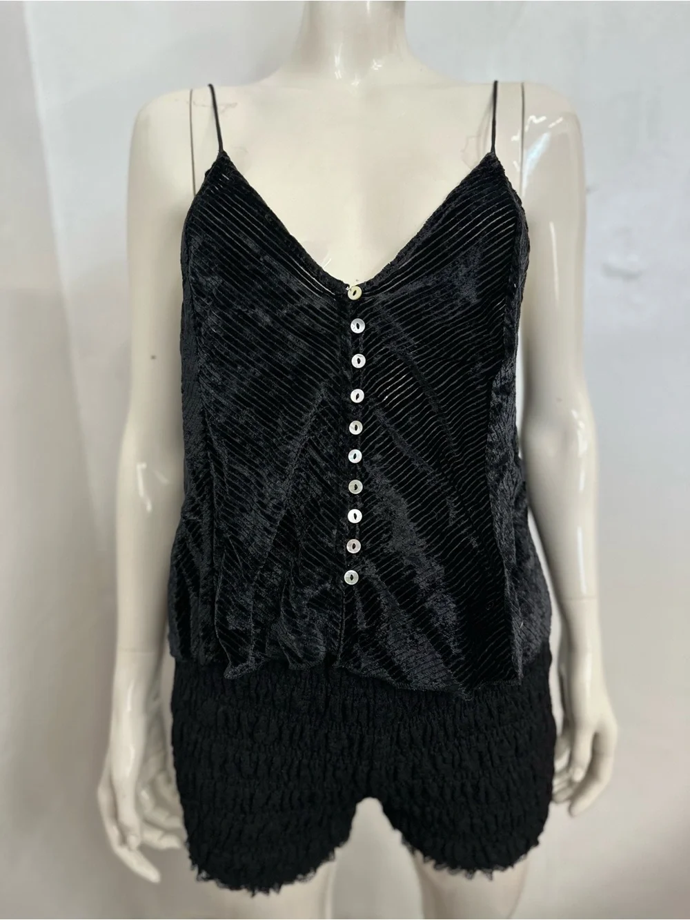 Free People Black Velvet Ribbed Button-Front Cami